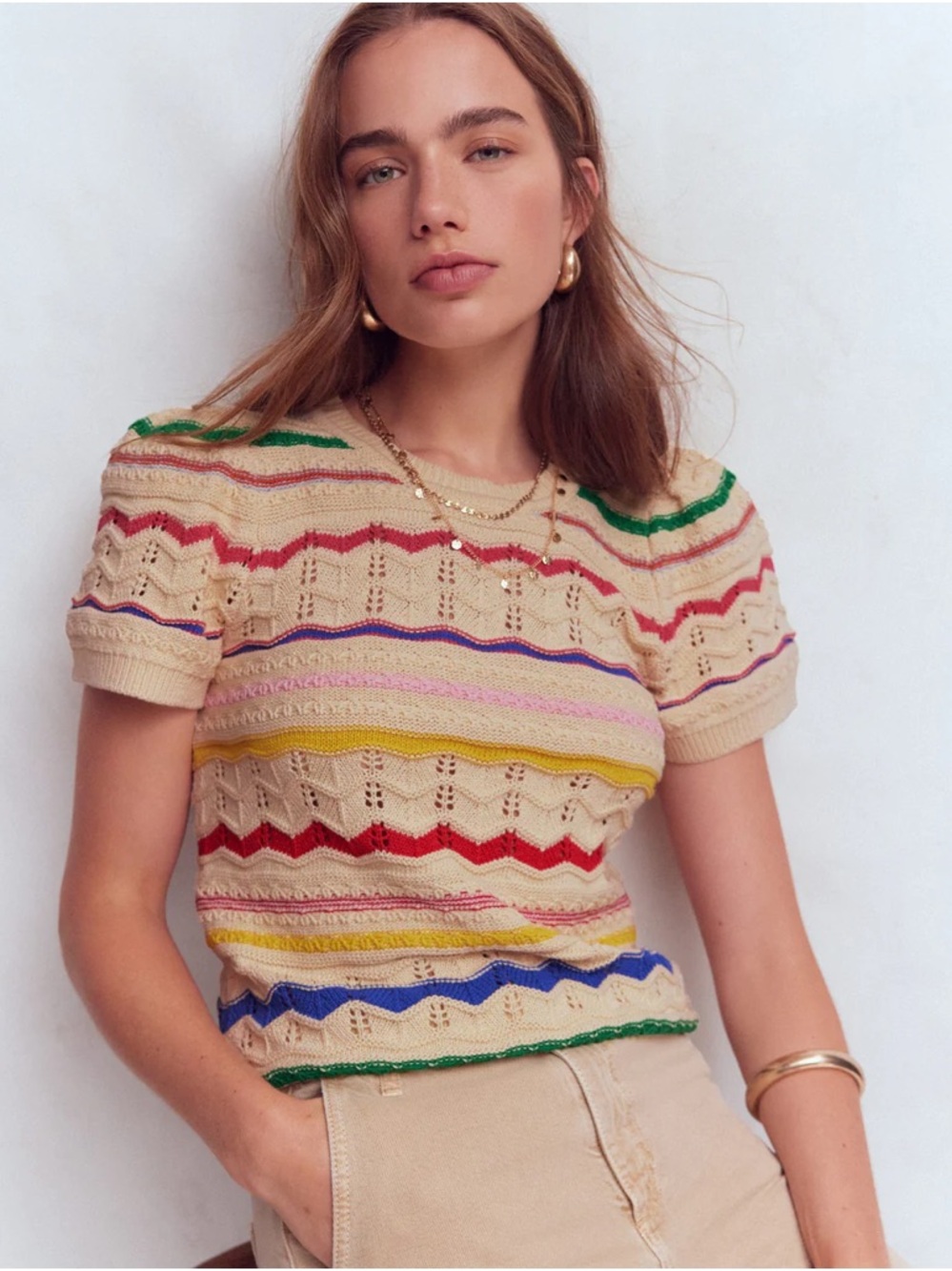 NWT Boden Monica Pointelle Knit Short-Sleeve Top Shirt Small